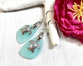 Blue Sea Glass Earrings. Sea Turtle Earrings, Aqua Blue Sea Glass, Sea Glass Earrings, Sea Glass Jewelry, Beachy Jewelry