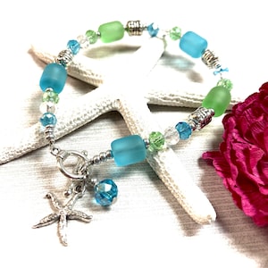Blue Sea Glass Starfish Bracelet, Starfish Bracelet, Sea Glass Bracelet, Blue Sea Glass, Sea Glass Jewelry, Beach Jewelry, Bridesmaid Gift