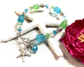 Blue Sea Glass Starfish Bracelet, Starfish Bracelet, Sea Glass Bracelet, Blue Sea Glass, Sea Glass Jewelry, Beach Jewelry, Bridesmaid Gift