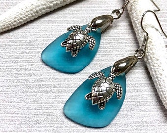 Blue Sea Glass Earrings. Sea Turtle Earrings, Aqua Blue Sea Glass, Sea Glass Earrings, Sea Glass Jewelry, Beachy Jewelry