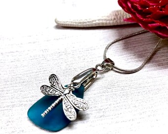 Sea Glass Dragonfly Necklace, Dragonfly Pendant Necklace, Teal Blue Sea Glass, Sea Glass Jewelry, Summer Jewelry, Dragonfly Jewelry
