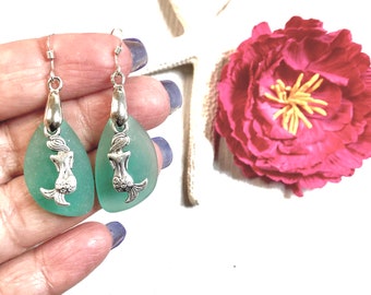 Sea Glass Mermaid Earrings, Mermaid Earrings, Aqua Sea Glass, Sea Glass Earrings, Sea Glass Jewelry, Mermaid Jewelry,Beach Jewelry