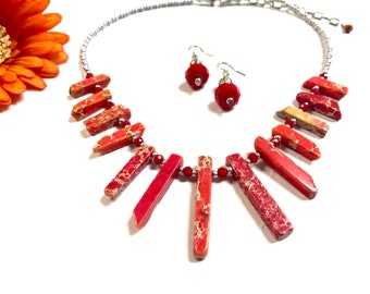 bib necklace online Jasper Statement Necklace Set, Chunky Gemstone Necklace,Red Statement Necklace,Gemstone Jewelry,Jasper Jewelry, Chunky Boho Necklace