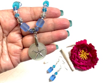 Sea Glass Starfish Necklace Set, Starfish Necklace,Sea Glass Necklace, Blue Sea Glass, Starfish Jewelry,Sea Glass Jewelry, Beach Jewelry