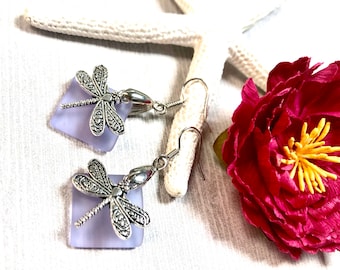 Sea Glass Dragonfly Earrings, Dragonfly Earrings, Purple Sea Glass, Sea Glass Earrings, Sea Glass Jewelry Dragonfly Jewelry, Summer Jewelry
