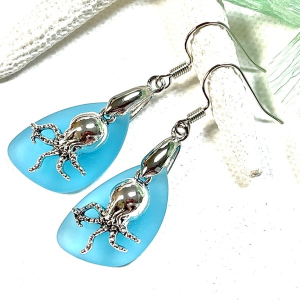 Sea Glass Octopus Earrings, Octopus Earrings, Octopus Jewelry , Octopus Gift, Nautical Jewelry, Beachy Jewelry,Sea Glass Jewelry