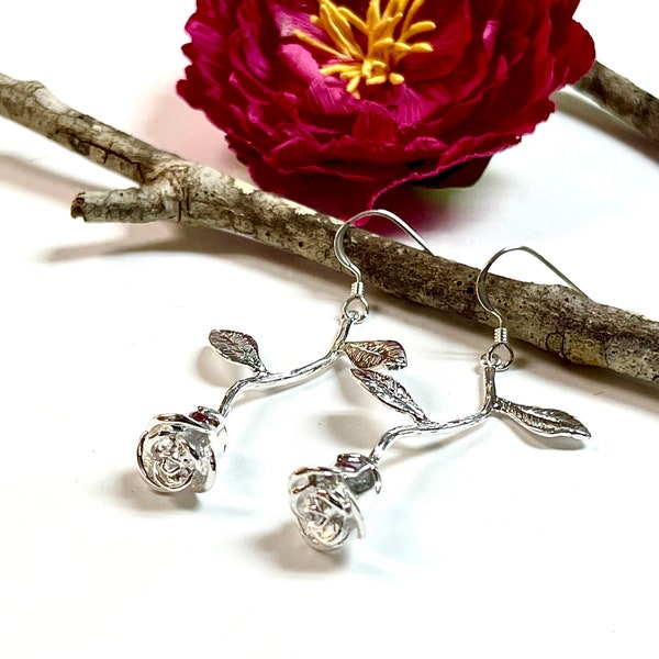 Silver Rose Earrings, Rose Earrings, Flower Earrings, Rose Jewelry , Flower Jewelry, Rosebud Earrings, Summer Jewelry , Bridesmaid Gift