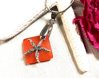 Sea Glass Starfish Necklace, Starfish Necklace, Sea Glass Necklace, Sea Star Necklace, Orange Sea Glass, Beachy Jewelry, Sea Glass Jewelry