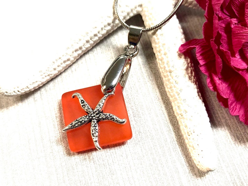 Beachy Jewelry Orange Sea Glass Sea Glass Starfish Necklace Sea Star Necklace Sea Glass Jewelry Starfish Necklace Sea Glass Necklace