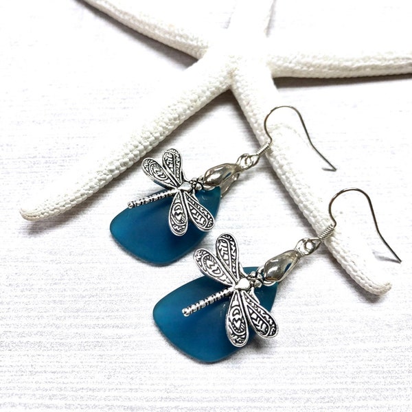 Sea Glass Dragonfly Earrings, Dragonfly Earrings, Blue Sea Glass, Sea Glass Earrings, Sea Glass Jewelry, Dragonfly Jewelry, Summer Jewelry