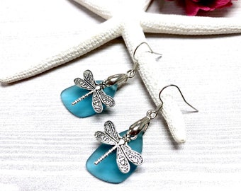 Sea Glass Dragonfly Earrings, Dragonfly Earrings, Aqua Blue Sea Glass,Sea Glass Earrings, Sea Glass Jewelry,Dragonfly Jewelry,Summer Jewelry