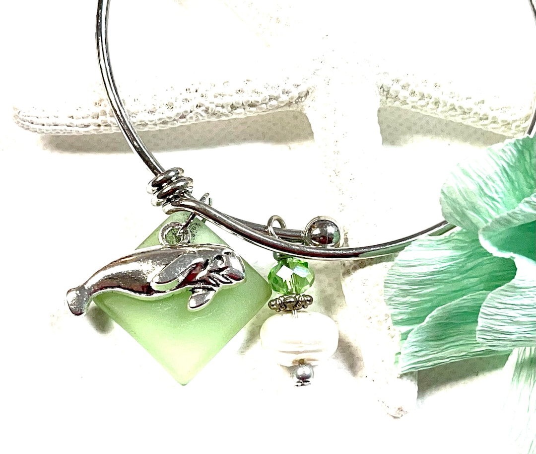 Sea Glass Manatee Bangle Bracelet, Manatee Bracelet, Sea Glass Bracelet ...