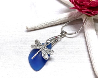 Sea Glass Dragonfly Necklace, Dragonfly Pendant Necklace, Blue Sea Glass, Sea Glass Jewelry, Summer Jewelry, Dragonfly Jewelry