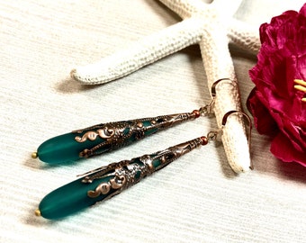 Sea Glass Teardrop Earrings, Teardrop Earrings, Teal Sea Glass Earrings, Boho Earrings, Sea Glass Jewelry, Summer Jewelry, Bridesmaid Gift