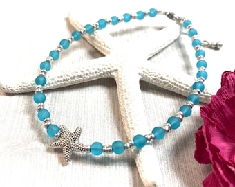 Boho Beaded Anklet, Beaded Ankle Bracelet, Starfish Anklet, Beach Anklet, Sea Glass Anklet, Foot Jewelry, Beach Jewelry, Summer Jewelry