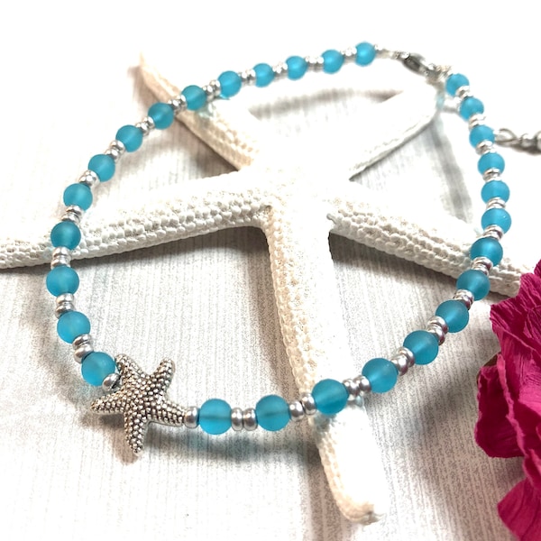 Boho Beaded Anklet, Beaded Ankle Bracelet, Starfish Anklet, Beach Anklet, Sea Glass Anklet, Foot Jewelry, Beach Jewelry, Summer Jewelry
