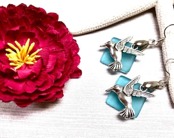 Sea Glass Hummingbird Earrings, Hummingbird Earrings, Aqua Blue Sea Glass, Sea Glass Jewelry, Hummingbird Jewelry, Summer Jewelry