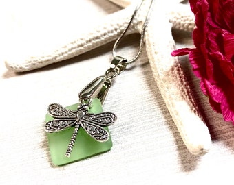 Sea Glass Dragonfly Necklace, Dragonfly Pendant Necklace, Green Sea Glass, Sea Glass Jewelry, Summer Jewelry, Dragonfly Jewelry
