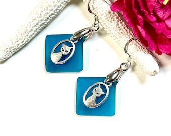 Sea Glass Cat Earrings, Blue Cat Earrings, Cat Jewelry, Kitty Earrings, Kitten Earrings, Cat Lover Gift, Cat Gift, Halloween Earrings