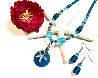 Sea Glass Starfish Necklace Set, Starfish Necklace,Sea Glass Necklace, Blue Sea Glass, Starfish Jewelry,Sea Glass Jewelry, Beach Jewelry