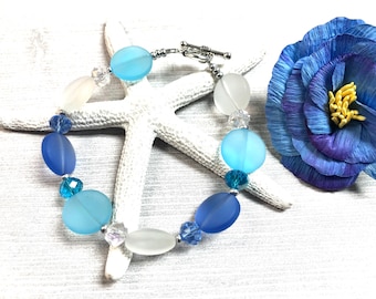 Bracelet en verre de mer bleu, bijoux en verre de mer, cadeau de mariée, quelque chose de bleu, bijoux de plage