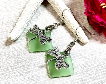 Sea Glass Dragonfly Earrings, Dragonfly Earrings, Green Sea Glass, Sea Glass Earrings, Sea Glass Jewelry, Dragonfly Jewelry, Summer Jewelry