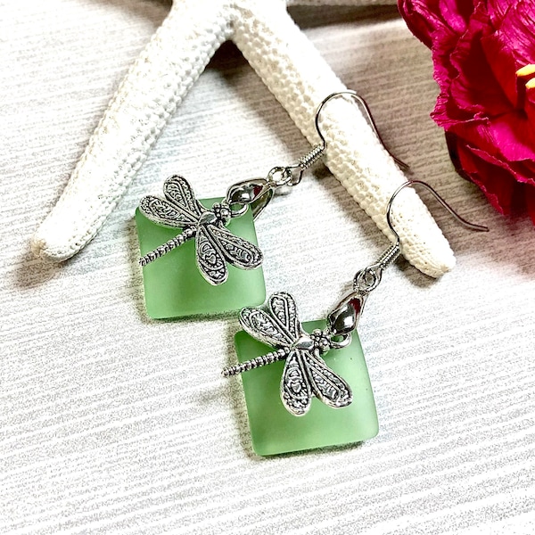 Sea Glass Dragonfly Earrings, Dragonfly Earrings, Green Sea Glass, Sea Glass Earrings, Sea Glass Jewelry, Dragonfly Jewelry, Summer Jewelry