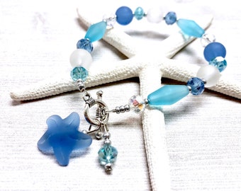 Sea Glass Starfish Bracelet , Starfish Bracelet, Starfish Jewelry, Blue Sea Glass, Sea Glass Jewelry, Beachy Jewelry, Bridesmaid Gift
