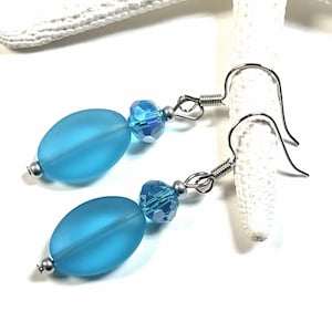 Aqua Blue Sea Glass Oval Earrings, Sea Glass Earrings, Beachy Earrings, Sea Glass Jewelry, Summer Jewelry, Sea Glass Earrings, Beach Jewelry