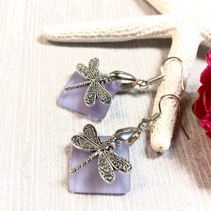 May include: A pair of silver dragonfly earrings with lavender glass squares. The earrings have a hook closure.