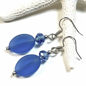 Blue Sea Glass Oval Earrings, Sea Glass Earrings, Beachy Earrings, Sea Glass Jewelry, Summer Jewelry, Sea Glass Earrings, Beach Jewelry