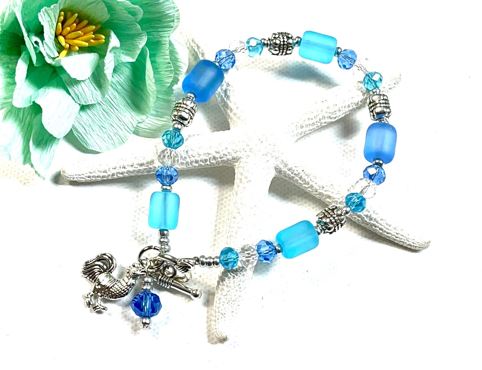 Sea Glass Rooster Bracelet, Key West Rooster Bracelet, Rooster Jewelry,Sea Glass Bracelet, Sea Glass Jewelry,Rooster Gift, Key West Jewelry