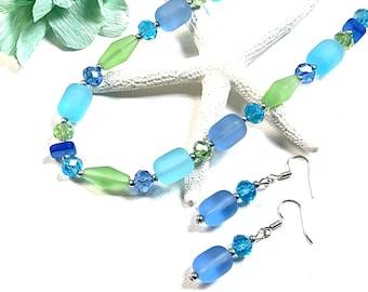 Sea Glass Necklace Set, Chunky Sea Glass Earrings Set, Sea Glass Jewelry, Blue Sea Glass, Beachy Jewelry, Summer Jewelry, Bridesmaid Gift