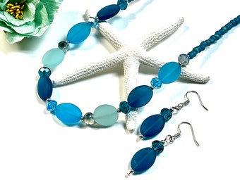 Sea Glass Necklace Set, Sea Glass Earrings Set, Sea Glass Jewelry, Blue Sea Glass, Beachy Jewelry, Summer Jewelry, Bridesmaid Gift