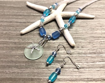 Sea Glass Necklace Jewelry Set, Starfish Necklace Set, Sea Glass Earrings. Sea Glass Jewelry, Beachy Jewelry, Summer Jewelry