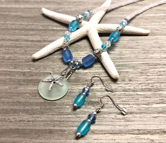 Sea Glass Necklace Jewelry Set, Starfish Necklace Set, Sea Glass Earrings. Sea Glass Jewelry, Beachy Jewelry, Summer Jewelry