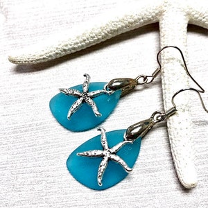 Sea Glass Starfish Earrings,Starfish Earrings, Sea Glass Earrings, Sea Star Earrings, Aqua Blue Sea Glass, Sea Glass Jewelry, Beachy Jewelry