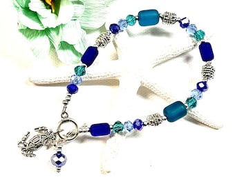 Sea Glass Crab Bracelet, Crab Bracelet, Crab Jewelry , Nautical Jewelry, Beachy Jewelry, Summer Jewelry, Sea Glass Jewelry,Blue Crab Jewelry