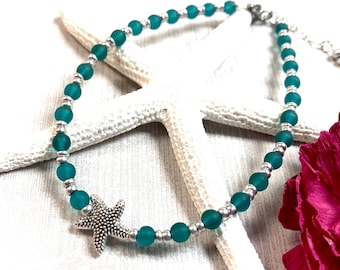 Boho Beaded Anklet, Beaded Ankle Bracelet, Starfish Anklet, Beach Anklet, Sea Glass Anklet, Foot Jewelry, Beach Jewelry, Summer Jewelry