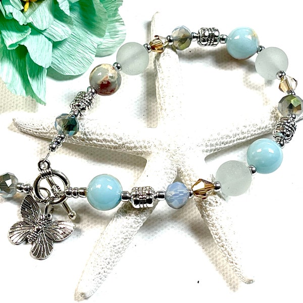 Sea Glass Butterfly Bracelet, Butterfly Bracelet, Jasper Bracelet, Sea Glass Bracelet, Sea Glass Jewelry, Butterfly Jewelry, Summer Jewelry