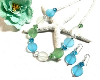 Sea Glass Necklace Set, Sea Glass Earrings Set, Sea Glass Jewelry, Blue Sea Glass, Beachy Jewelry, Summer Jewelry, Bridesmaid Gift