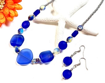 Chunky Sea Glass Necklace Set, Sea Glass Statement Necklace, Cobalt Blue Sea Glass Jewelry, Beachy Jewelry, Summer Jewelry, Boho Necklace