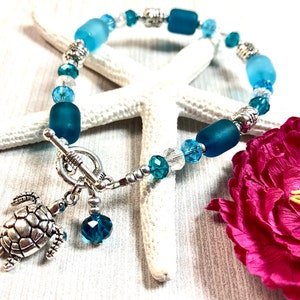 Sea Glass Turtle Bracelet, Sea Turtle Bracelet, Sea Glass Bracelet , Blue Sea Glass, Sea Glass Jewelry, Turtle Jewelry, Summer Jewelry