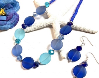 Sea Glass Necklace Set, Sea Glass Earrings Set, Sea Glass Jewelry, Blue Sea Glass, Beachy Jewelry, Summer Jewelry, Bridesmaid Gift
