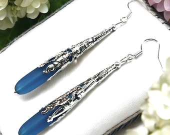 Sea Glass Teardrop Ohrringe, Teardrop Ohrringe, Blaue Seeglas Ohrringe, Lange Boho Ohrringe, Sea Glass Schmuck, Sommer Schmuck, Brautjungfer Geschenk