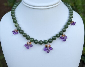 Amethyst, Golden Tourmaline, Pink Saphire Pansies with Vintage Jade 16.5-17” Hand Knotted Beaded Necklace in all Sterling Silver Components