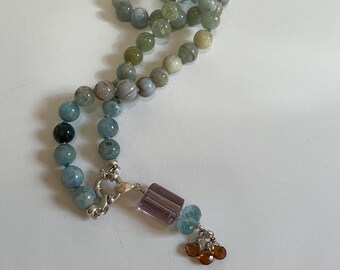 Aquamarine, Amethyst, and Fine Golden Tourmaline Briolette 18” Hand Knotted Beaded Pendant Necklace in all Sterling Silver Components