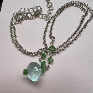 Faceted Aquamarine and Tsavorite (green) Garnet Bead Necklace in all Sterling Silver Components. 16"-18" Long.