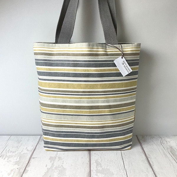 Long Handled Tote Bag - Stripes - Yellow and Grey - Lined with Pocket