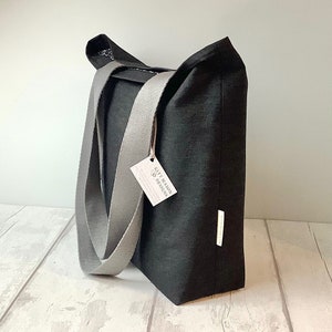 Long Handled Tote Bag - Black Denim - Wave Print Lining with Pocket